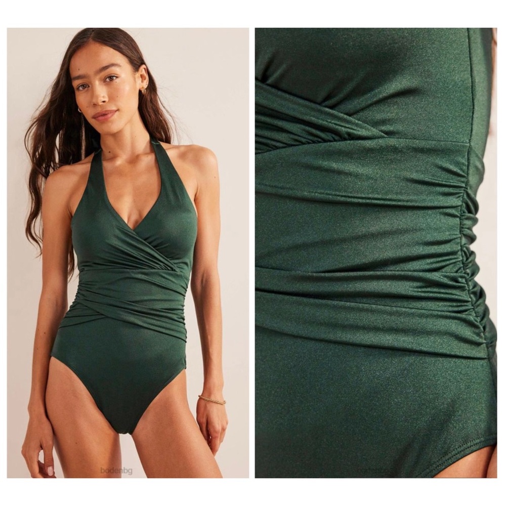 LONG Boden Levanzo Ruched Halter One Piece Swimsuit in Dark Green